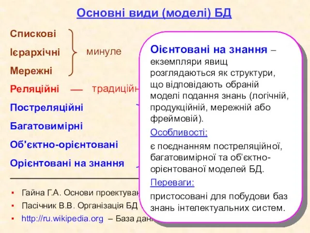 Основні види (моделі) БД Оієнтовані на знання – екземпляри явищ