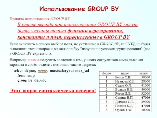 Использование GROUP BY Правило использования GROUP BY : В списке