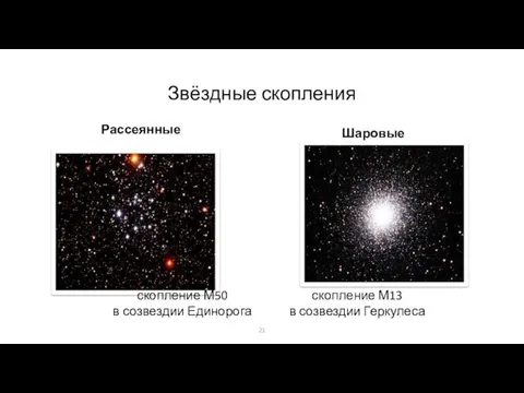 Звёздные скопления Рассеянные Шаровые скопление М50 в созвездии Единорога скопление М13 в созвездии Геркулеса 21