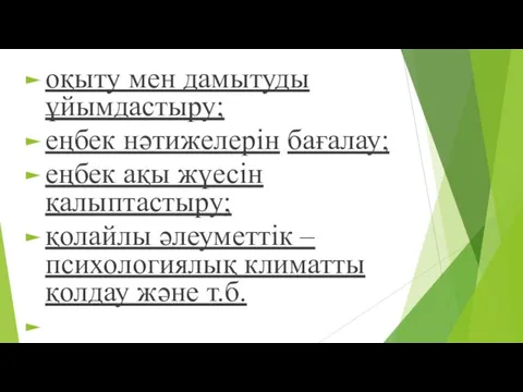 оқыту мен дамытуды ұйымдастыру; еңбек нәтижелерін бағалау; еңбек ақы жүесін