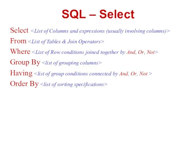 SQL – Select Select From Where Group By Having Order By