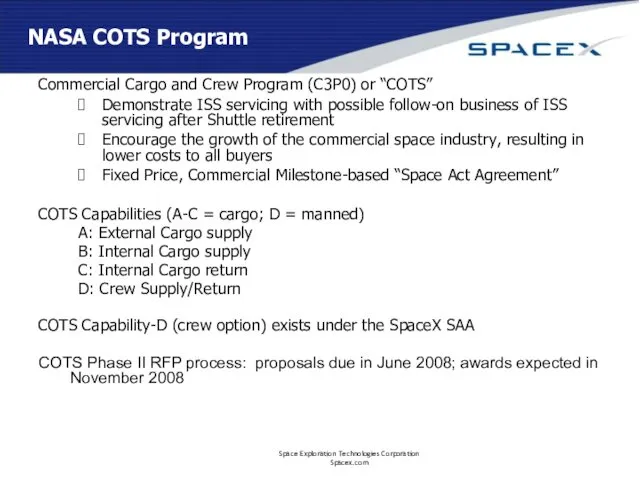 NASA COTS Program Commercial Cargo and Crew Program (C3P0) or