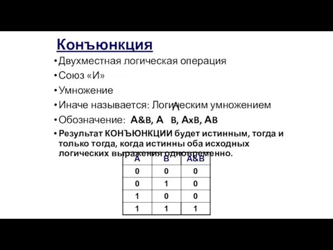 Конъюнкция Двухместная логическая операция Союз «И» Умножение Иначе называется: Логическим