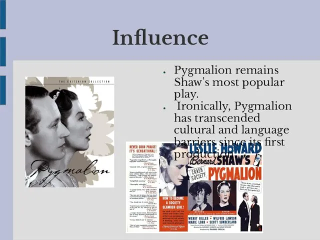 Influence Pygmalion remains Shaw's most popular play. Ironically, Pygmalion has
