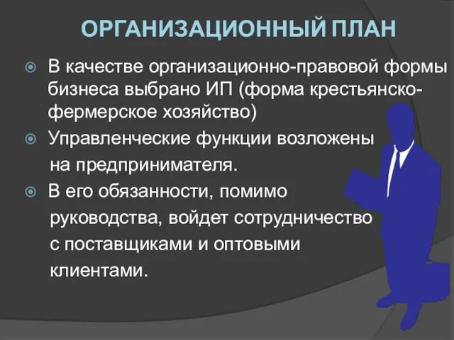 ОРГАНИЗАЦИОННЫЙ ПЛАН В качестве организационно-правовой формы бизнеса выбрано ИП (форма