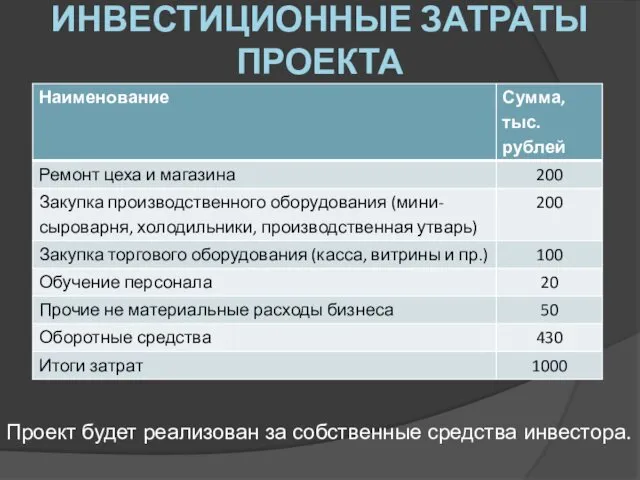 ИНВЕСТИЦИОННЫЕ ЗАТРАТЫ ПРОЕКТА Проект будет реализован за собственные средства инвестора.