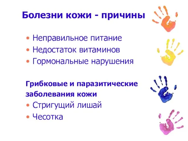 Болезни кожи - причины Неправильное питание Недостаток витаминов Гормональные нарушения