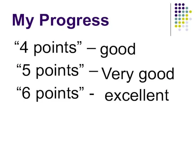 My Progress “4 points” – “5 points” – “6 points” - good Very good excellent