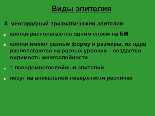 Виды эпителия 4. многорядный призматический эпителий клетки располагаются одним слоем