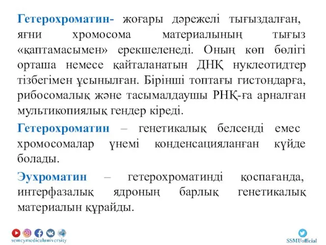 Гетерохроматин- жоғары дәрежелі тығыздалған, яғни хромосома материалының тығыз «қаптамасымен» ерекшеленеді.