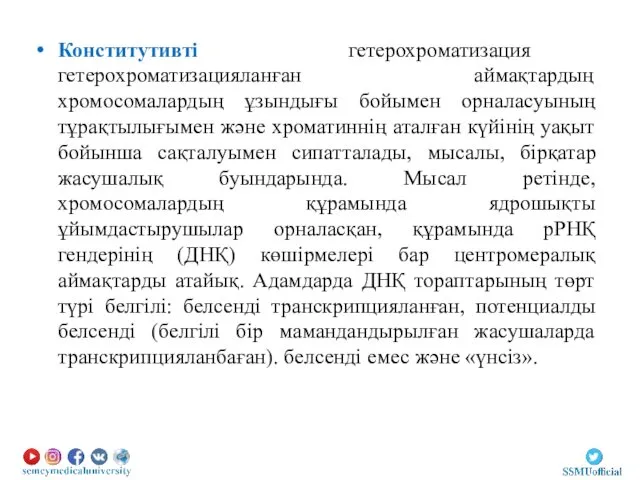 Конститутивті гетерохроматизация гетерохроматизацияланған аймақтардың хромосомалардың ұзындығы бойымен орналасуының тұрақтылығымен және