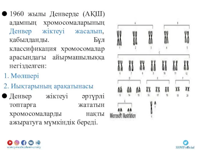 1960 жылы Денверде (АҚШ) адамның хромосомаларының Денвер жіктеуі жасалып, қабылданды.