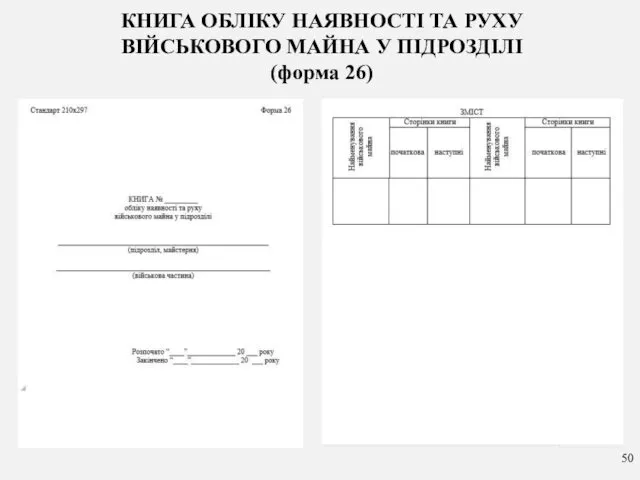 КНИГА ОБЛІКУ НАЯВНОСТІ ТА РУХУ ВІЙСЬКОВОГО МАЙНА У ПІДРОЗДІЛІ (форма 26)