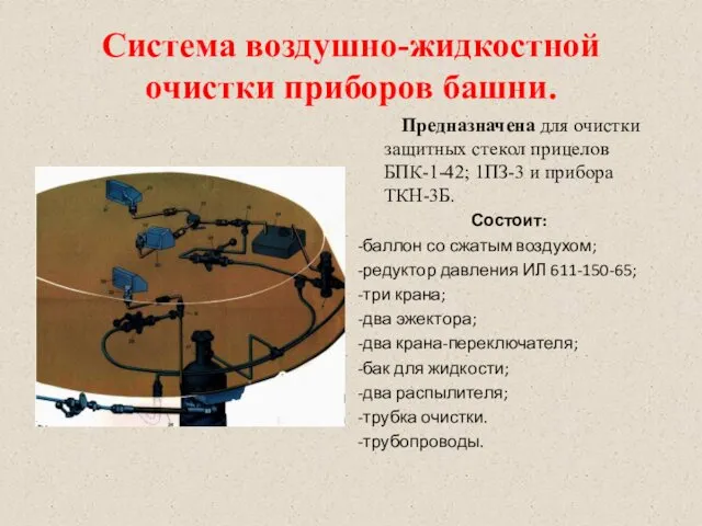 Система воздушно-жидкостной очистки приборов башни. Предназначена для очистки защитных стекол