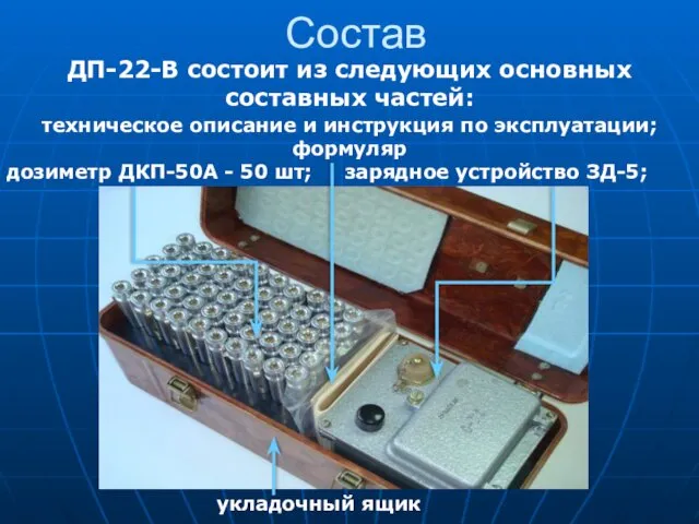 Состав ДП-22-В состоит из следующих основных составных частей: дозиметр ДКП-50А