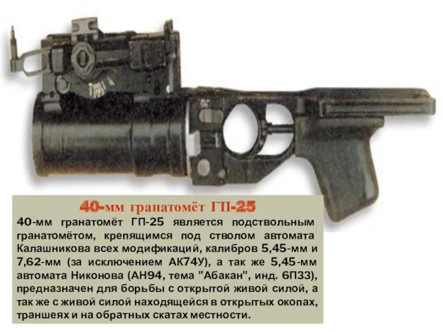 40-мм гранатомёт ГП-25 40-мм гранатомёт ГП-25 является подствольным гранатомётом, крепящимся под стволом автомата