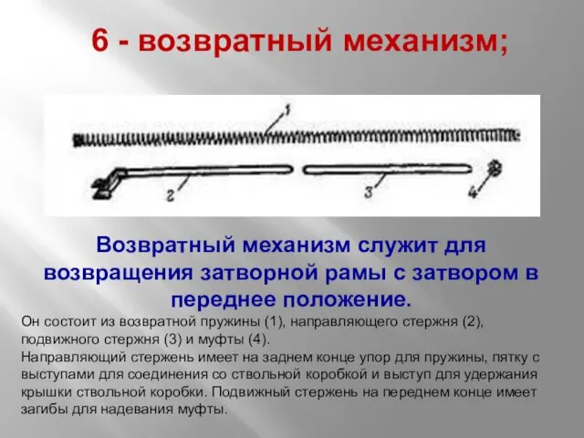 6 - возвратный механизм; Возвратный механизм служит для возвращения затворной