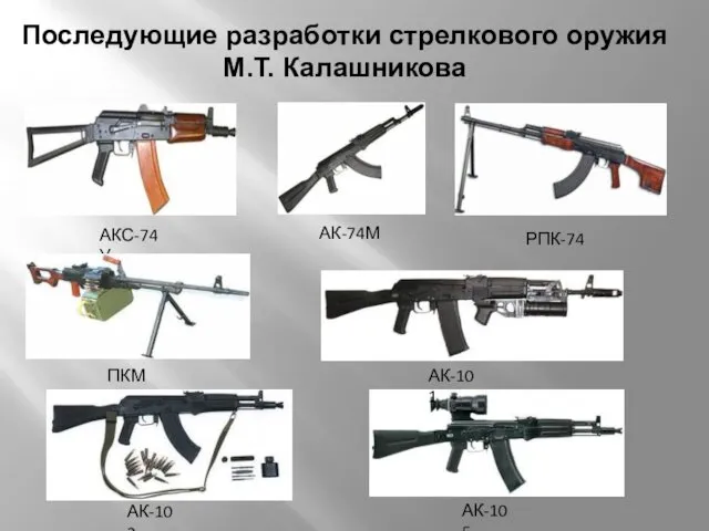 АК-74М РПК-74 АКС-74У ПКМ АК-101 АК-102 АК-105 Последующие разработки стрелкового оружия М.Т. Калашникова