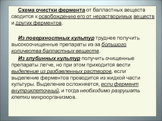 Схема очистки фермента от балластных веществ сводится к освобождению его