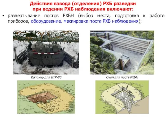 Действия взвода (отделения) РХБ разведки при ведении РХБ наблюдения включают: