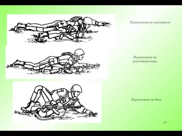 Переползание по-пластунски Переползание на получетвереньках Переползание на боку