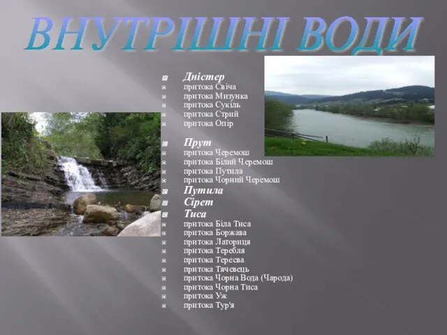 ВНУТРІШНІ ВОДИ Дністер притока Свіча притока Мизунка притока Сукіль притока