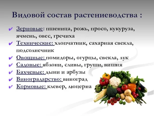 Видовой состав растениеводства : Зерновые: пшеница, рожь, просо, кукуруза, ячмень,