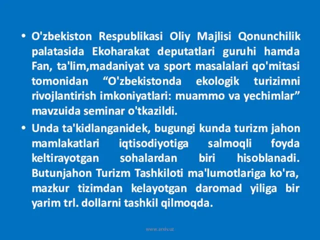 O'zbekiston Respublikasi Oliy Majlisi Qonunchilik palatasida Ekoharakat deputatlari guruhi hamda