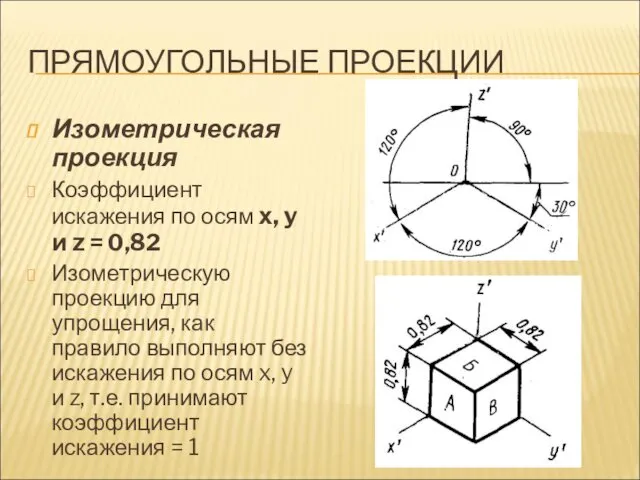 ПРЯМОУГОЛЬНЫЕ ПРОЕКЦИИ Изометрическая проекция Коэффициент искажения по осям х, y