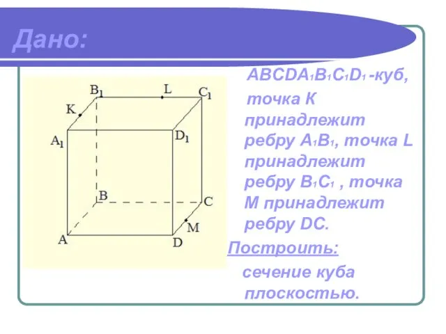 Дано: ABCDА1B1C1D1 -куб, точка К принадлежит ребру A1В1, точка L принадлежит ребру В1C1