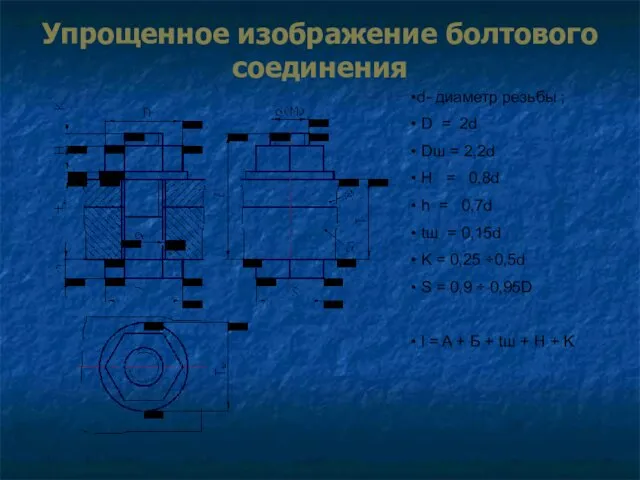 Упрощенное изображение болтового соединения d- диаметр резьбы ; D =