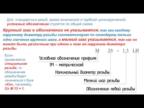 Для стандартных резьб, кроме конической и трубной цилиндрической, условные обозначения