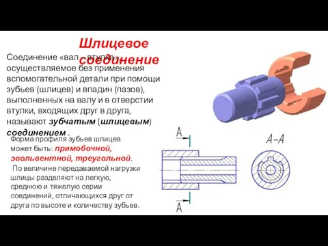 Шлицевое соединение Соединение «вал – втулка», осуществляемое без применения вспомогательной