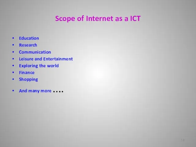 Scope of Internet as a ICT Education Research Communication Leisure and Entertainment Exploring