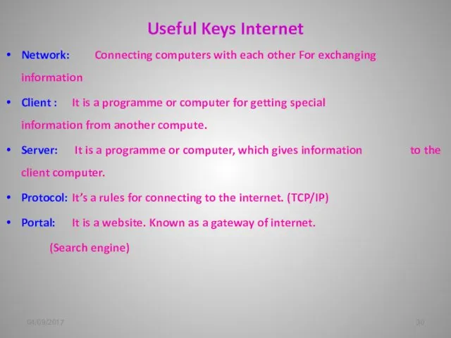 Useful Keys Internet Network: Connecting computers with each other For exchanging information Client