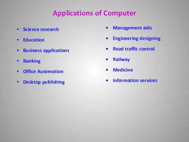 Applications of Computer Science research Education Business applications Banking Office Automation Desktop publishing