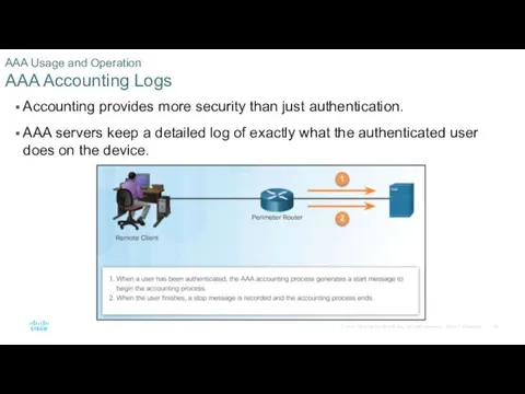 AAA Usage and Operation AAA Accounting Logs Accounting provides more