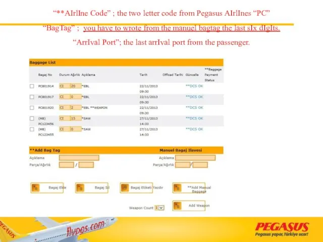 “**AIrlIne Code” ; the two letter code from Pegasus AIrlInes