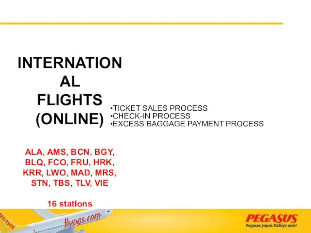 INTERNATIONAL FLIGHTS (ONLINE) ALA, AMS, BCN, BGY, BLQ, FCO, FRU,