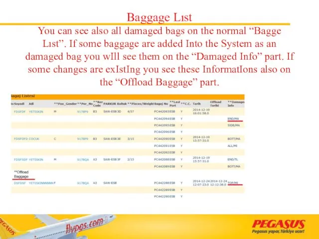 Baggage Lıst You can see also all damaged bags on