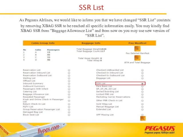 SSR Lıst As Pegasus AIrlines, we would like to inform