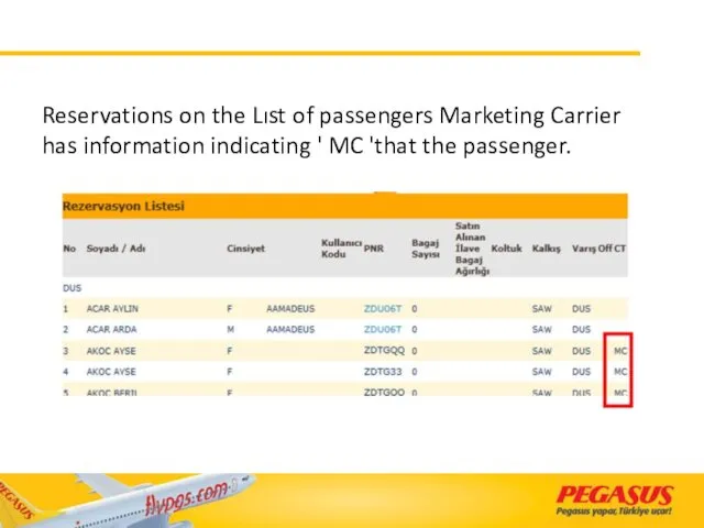 Reservations on the Lıst of passengers Marketing Carrier has information indicating ' MC 'that the passenger.