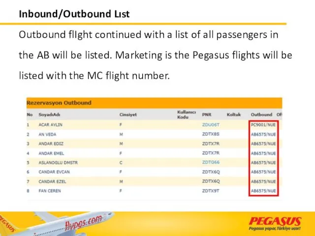 Inbound/Outbound Lıst Outbound flIght continued with a list of all