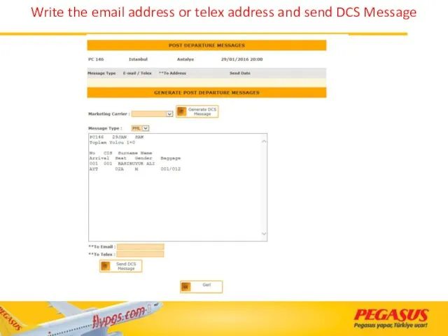 Write the email address or telex address and send DCS Message