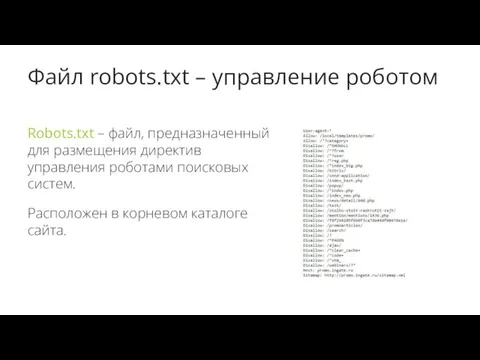 Файл robots.txt – управление роботом Robots.txt – файл, предназначенный для