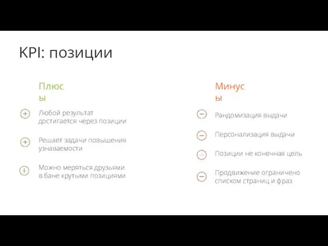 KPI: позиции Любой результат достигается через позиции Решает задачи повышения