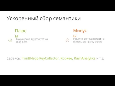 Ускоренный сбор семантики Сервисы: ТопВИзор KeyCollector, Rookee, RushAnalytics и т.д.