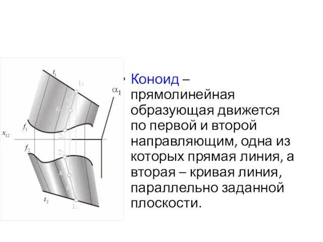 Коноид – прямолинейная образующая движется по первой и второй направляющим,