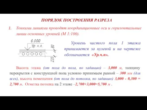 ПОРЯДОК ПОСТРОЕНИЯ РАЗРЕЗА Тонкими линиями проводят координационные оси и горизонтальные