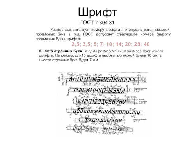 Шрифт ГОСТ 2.304-81 Размер соответствует номеру шрифта h и определяется